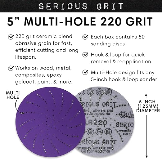 Serious Grit 5-Inch 220 Grit Ceramic Multi-Hole Hook & Loop Sanding Discs - Advanced Grain for Fast Cutting & Long Life - Film-Backed Universal Fit Sandpaper for 5-in Sanders - 50 Pack Box