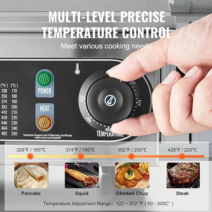 VEVOR Commercial Electric Griddle, 4400W Countertop Flat Top Grill, 122℉-572 ℉ Adjustable Temp, 29in Stainless Steel Griddle Grill with 2 Shovels and 2 Brushes for Home or Restaurant(220V No Plug)