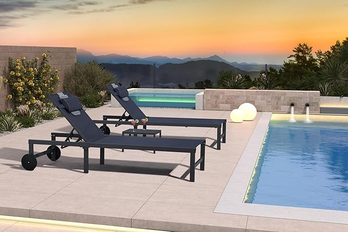 PURPLE LEAF Tanning Chair with Face Hole Pillow and Wheels Headrest Aluminum Patio Chaise Lounge Chairs Adjustable 5-Position Lay Flat Outdoor Sunbathing Lounge Chair for Beach Pool Navy Blue