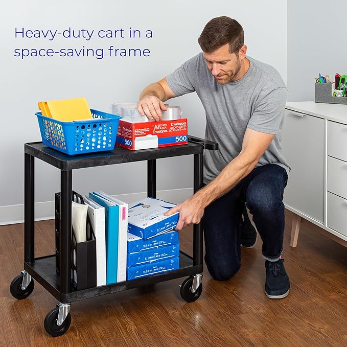 Stand Steady Tubstr Compact 2 Shelf Utility Cart | Made in USA | Easy-Load Flat Shelves Hold Up to 300 lbs | Space-Saving Storage Cart & Rolling Tool Cart for School, Office & Garage (24 x 18in/Black)