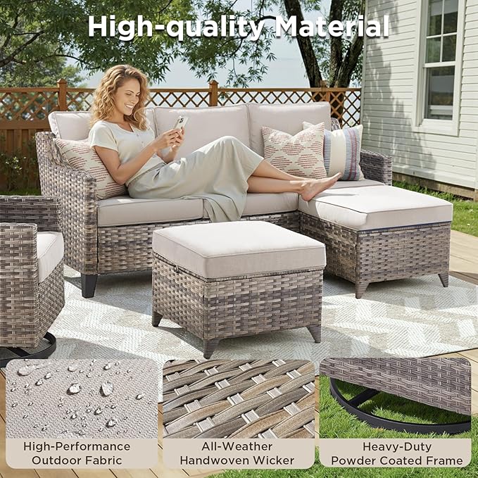 Buenhomino Outdoor Patio Furniture Set-PE Wicker Sofa Couch with Ottomans Comfy Cushions, All Weather High Back Patio Conversation Set for Porch Deck Balcony Garden Grey/Beige