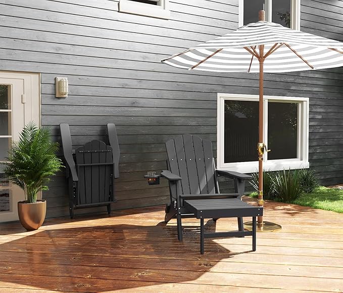 FOOWIN Adjustable Adirondack Chair with Retractable Ottoman Set of 4, Folding Adirondack Chair with Cup Holder, HDPE All-Weather Fire Pit Chair for Patio, Yard, Poolside, Grey