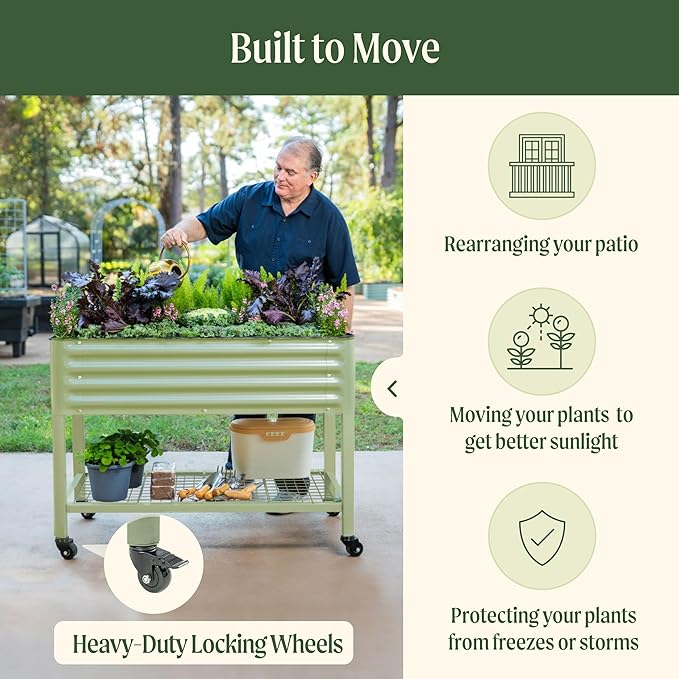 Rolling Elevated Raised Garden Bed-V Series, 2' x 8' Garden Beds with Legs & Storage Rack for Patio & Porch, 1400 Lbs Weight Capacity, Outdoor Planter Box for Vegetables Flower Herbs, Olive Green
