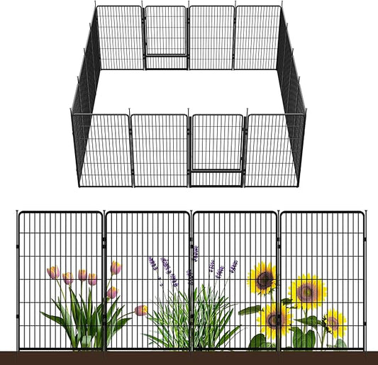 SunsGrove Tall Garden Fence with Gate, 45 in(H) x 35.7 ft(L) 16 Panels Heavy Duty Metal Animal Barrier Fence for Yard, Suitable for Indoor or Outdoor Dog Pet Fence, Garden Fence Border, Black