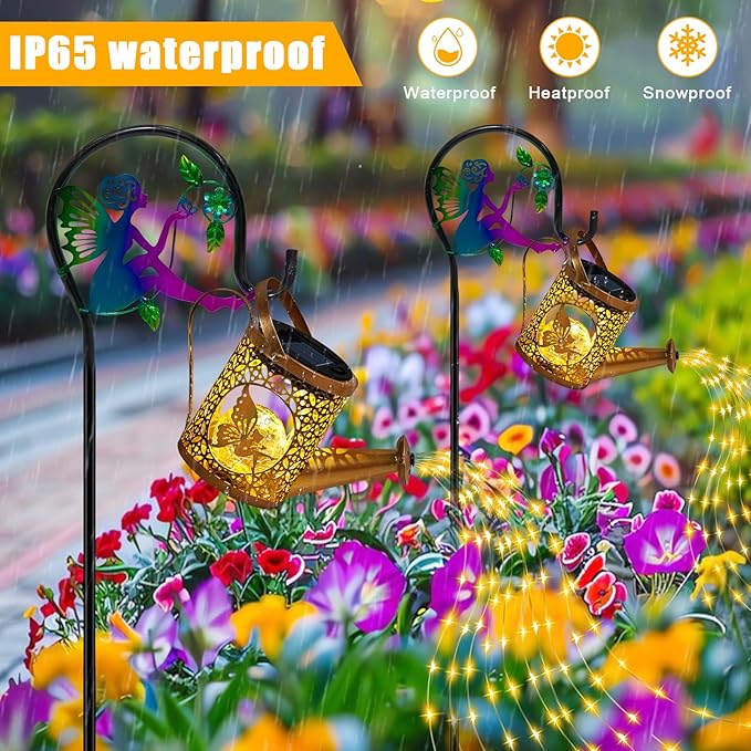 Solar Lights Garden Decorative, Solar Watering Can with Cascading Lights, Waterproof Metal Lantern with Fairy Shepherd Hook, Outdoor Decor for Yard, Patio, Gifts for Mother's Day, Christmas, Women