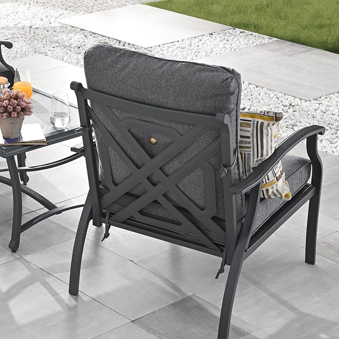 Patio Bistro Set 3 Pieces Metal Outdoor Furniture Sets Metal Patio Chairs with Side Table Dark Grey Thick Cushions Galvanized Steel Frame