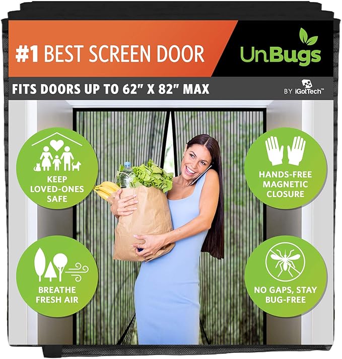 UnBugs Magnetic Screen Door - Fits French Door & Double Doors up to 62 x 82 Inches MAX - Pet & Kid Friendly, Self-Closing - Hands Free Magnet Closure Keeps Bugs Out & Breeze in