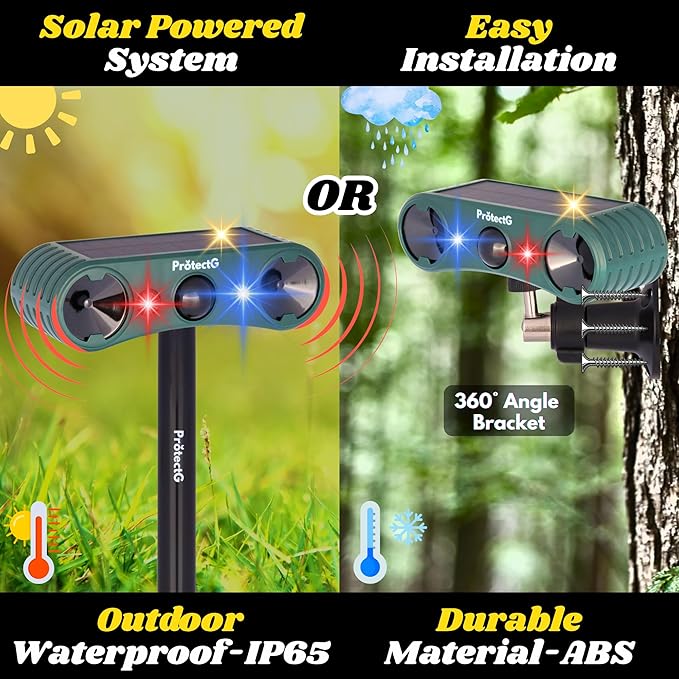 Solar Ultrasonic Animal Repellent Outdoor - Motion Activated Deterrent with Flashing LED Lights - Waterproof Yard & Garden Protector for Deer, Cat, Squirrel, Raccon, Rodents, Bird Repeller (1 Pack)