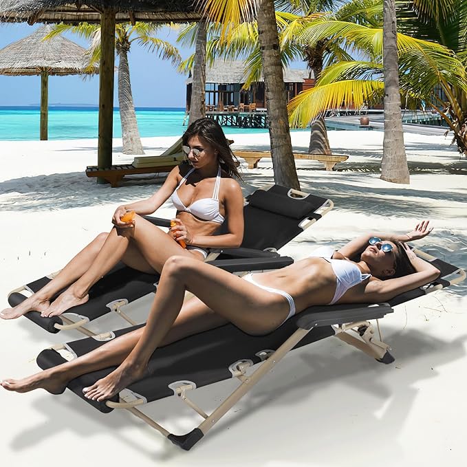 MoNiBloom Set of 2 Folding Reclining Patio Chair, 3-Position Patio Lounger Folding Chair with Footrest for Backyard Poolside Lawn, Red, 330lbs Capacity, Black