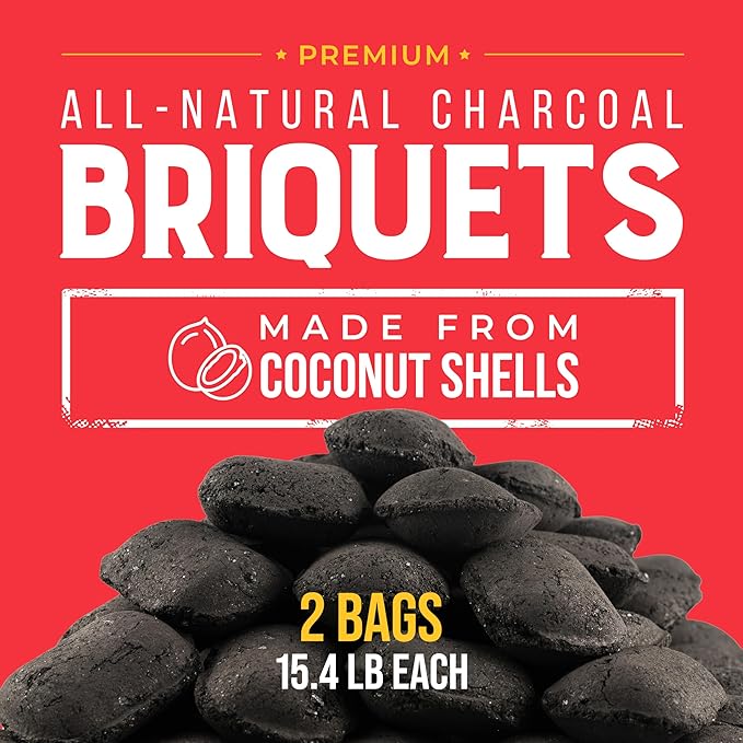 FOGO Coco Briquets All-Natural Charcoal Made from Coconut Shells, Long-Lasting Clean Burning BBQ Fuel for Grilling and Smoking, 15 lb Bag, 2-Pack