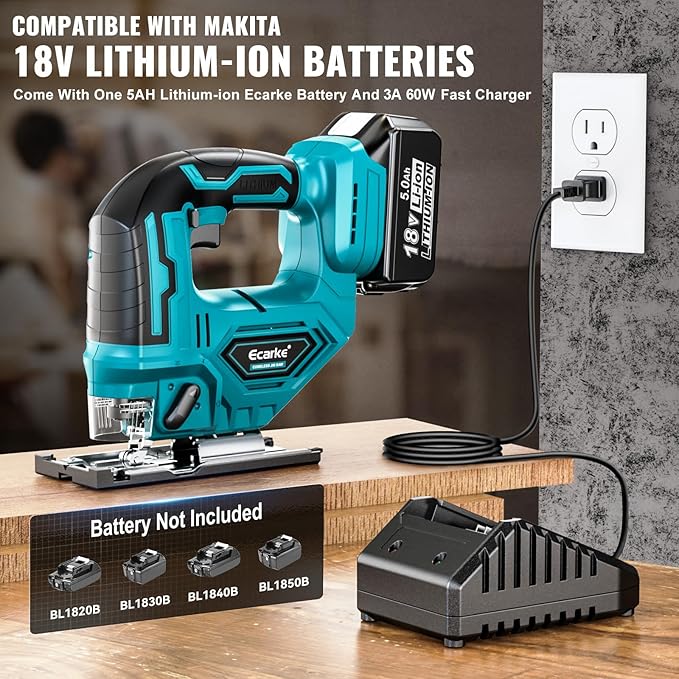 Ecarke JigSaw Compatible With Makita 18V, Brushless Cordless jigsaw tool with Variable Speed LED Light, ±45° Bevel Cuts 3-Position Orbital Action for Cutting (With 5Ah Battery & Charger Station Kit)