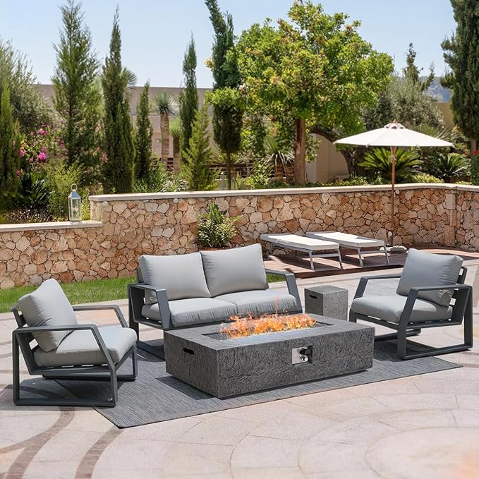 NAGA HABNA 48 Inch Propane Fire Pit Table, Outdoor Rectangle Fire Table w Tank Table (50,000 BTU), 2 Piece Slate Gas Fire Pit in Dark Grey w White Fire Glass for Garden, Pool, Backyard
