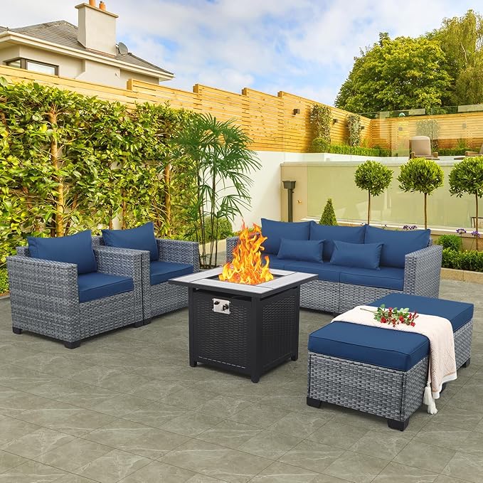 6 Pieces Wicker Patio Furniture Sets Outdoor Conversation Set PE Rattan Sectional Sofa Couch with 30" Fire Pit Table and Royal Blue Cushions