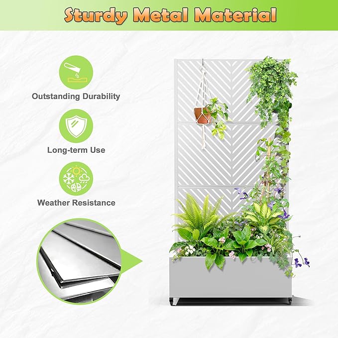 Metal Raised Garden Bed with Trellis, 2-in-1 Planter Box & Privacy Screen for Climbing Plants, Outdoor Standing Flower Bed with Drainage Holes, 35.4" L x 15.7" W x 70.1" H, White-Parallel