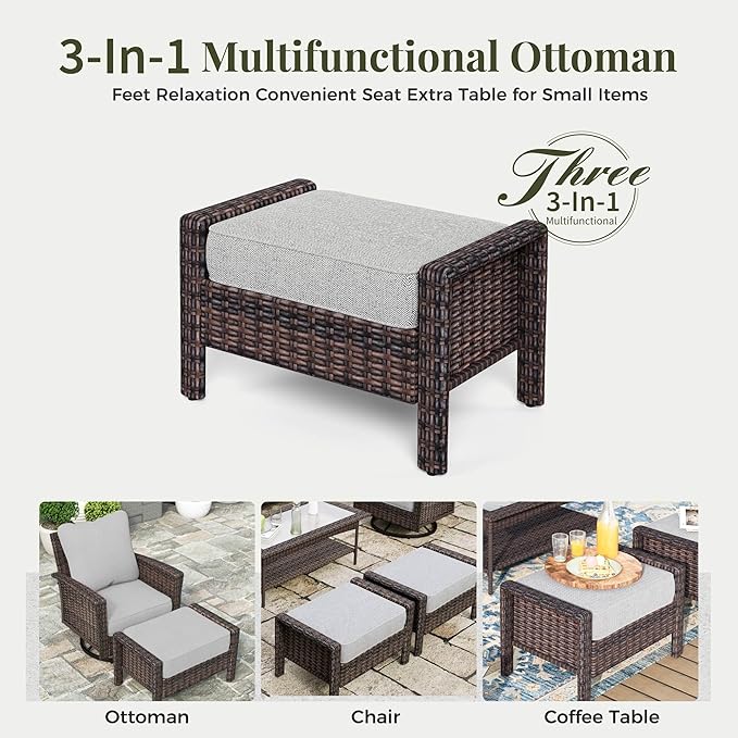 5-Piece Wicker Patio Furniture Set with Swivel Chairs, High Back Outdoor Furniture with 5.5-inch Thick Cushion and Ottoman, All-Weather Wicker Patio Conversation Set for Deck Yard Pool, Grey