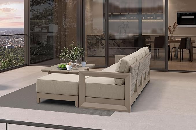 PURPLE LEAF Patio Furniture Set L-Shaped Outdoor Couch with 9.6" Thick Cushion and Soft Pillows 6 Piece Outdoor Sectional Sofas with Table Modern Outdoor Conversation Sets for Yard Porch Deck, Khaki