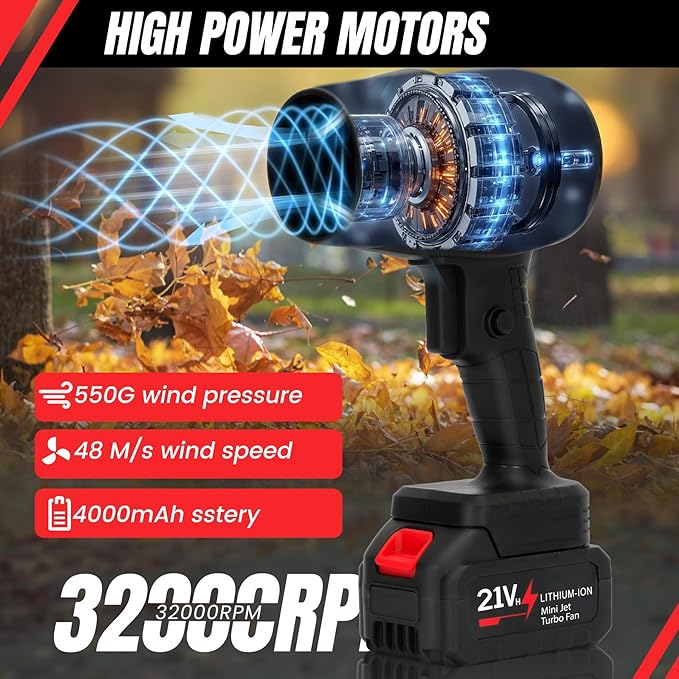 Cordless Handheld Leaf Blower with 2 x 4.0 Ah Batteries, 32000RPM Turbo Jet Blower, Small Leaf Blower for Deck, Garden, Patio, Portable Handheld Mini Turbine Drying Black