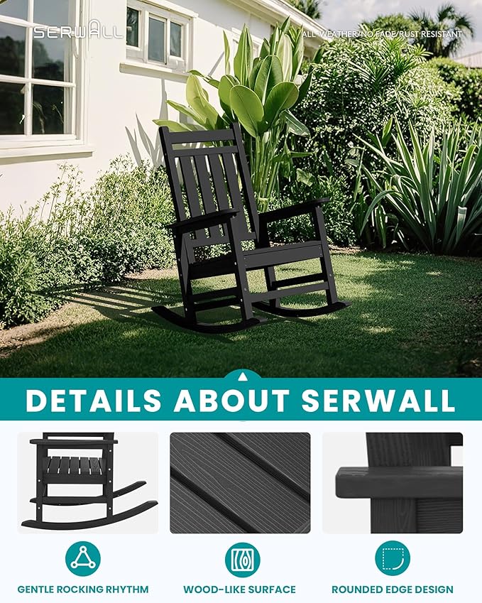SERWALL Oversized Cushioned Outdoor Rocking Chair, HDPE Rocker with Cushion, Patio Rocking Chairs for Porch, Black Chair+Gray Cushion
