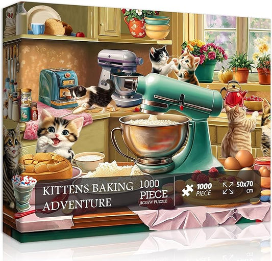 Cat Puzzles for Adults 1000 Pieces, Funny Puzzles Kittens, Food Cake Cat in Kitchen Puzzle, Animal Kitty Jigsaw Puzzle Challenge