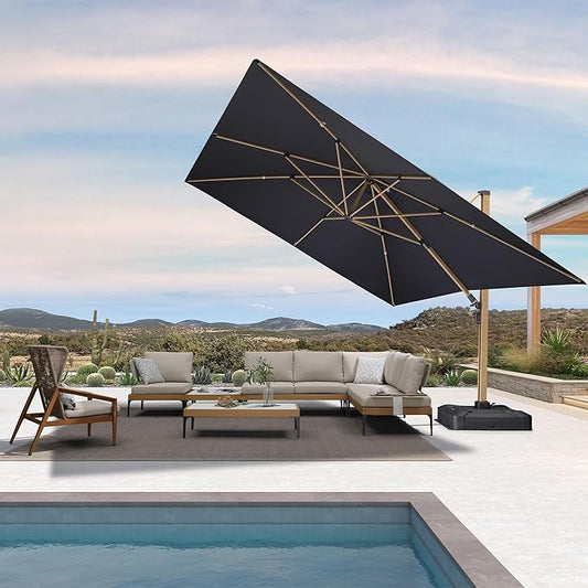 PURPLE LEAF 12FT Patio Umbrella Square Cantilever Umbrella Teak Finished Aluminum Frame Large Windproof Offset Outdoor Sun Umbrellas for Beach Pool Deck, Grey