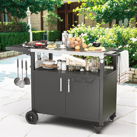 JY QAQA Outdoor Grill Cart with Storage, Patio Kitchen Island Outdoor Grill Table with Wheels, BBQ Cart Movable Pizza Oven Table Stand with Foldable Stainless Steel Top, Black