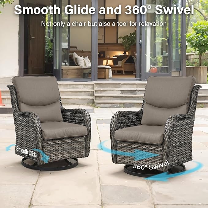 Outdoor Swivel Rocker Patio Chairs Set of 4 with Coffee Table - 5" Thick Cushion 8 Piece Furniture Set All Weather Comfortable Wicker Conversation Set for Porch Deck - Gray/Gray