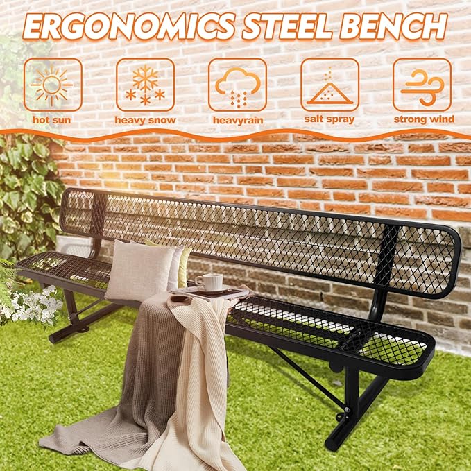 8Ft Outdoor Bench with Back Portable Frame, Outdoor Steel Park Bench with Backrest, Expanded Metal Mesh Bench for Outside, Lawn, Backyard, Park, Deck, Garden, Patio, Porch, Black