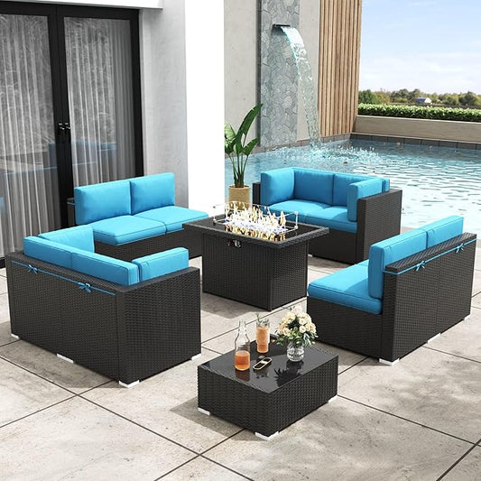 Patio Furniture Set with Fire Pit Table, 10 Pieces Outdoor All-Weather Wicker Conversation Sectional Chair Sofa Set