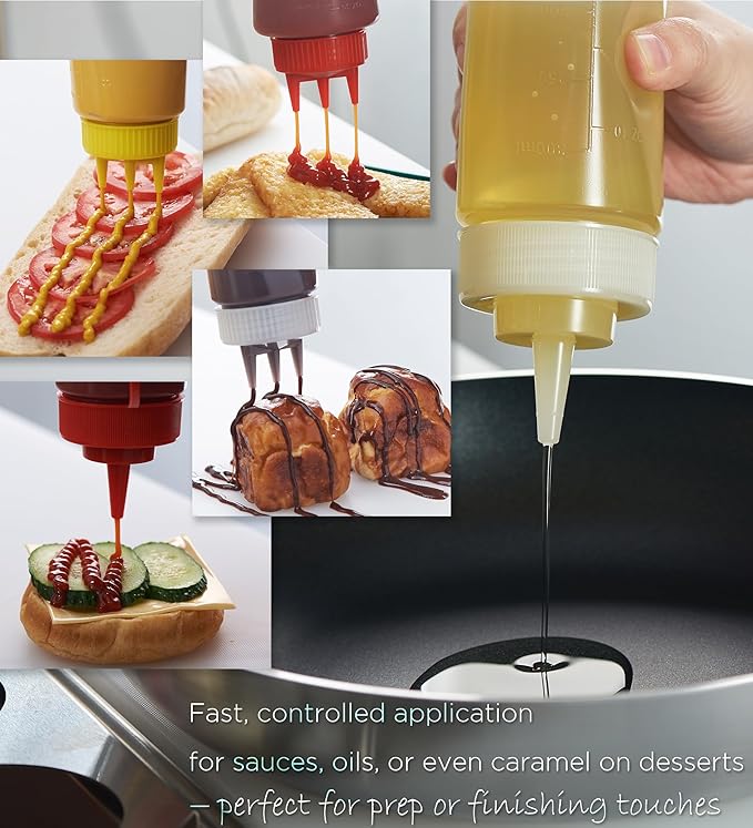 CURTA 6-Pack 8 oz Clear Squeeze Bottle with Cap, BPA-Free Easy-to-Squeeze Plastic Condiment Dispenser with oz & ml Markings for Sauce, Oil, Dressing, Dishwasher Safe, White