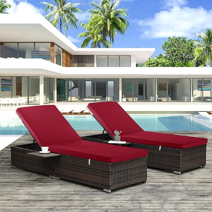 Outdoor Chaise Lounge Cushion Set of 2, Fadesafe Water-Repellent Lounge Deck Reclining Chair Cushions for Patio Furniture Lawn Pool Resort Hotel, 80x26x3 Inch, Burgundy