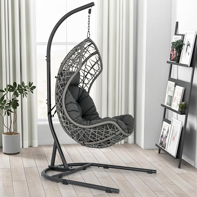 Giantex Egg Chair Outdoor Indoor - Hammock Chair with Stand, Pillow, Cushion, Hanging Accessories, PE Rattan Hanging Basket Chair for Living Room, Bedroom, 350 LBS Capacity Patio Swing Chair, Grey