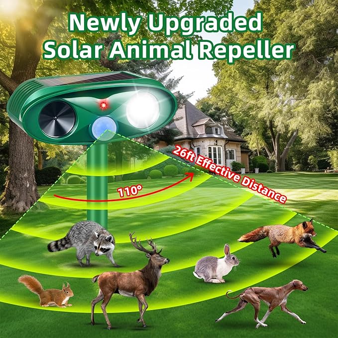 Upgraded Solar Deer Repellent Devices Ultrasonic Animal Repeller Outdoor with Motion Sensor & Flashing Light, Animal Deterrent Devices for Cat Squirrel Raccoon Dog Rabbit Skunk for Yard Garden, 2 Pack