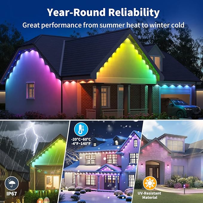 XINKAITE 200FT Permanent Outdoor Lights with 100 LEDs - Smart RGB+IC with 16 Million DIY Colors, IP67 Waterproof, App & Remote Control, Hundreds of Dynamic & Scene Modes for Holidays, Christmas & Home