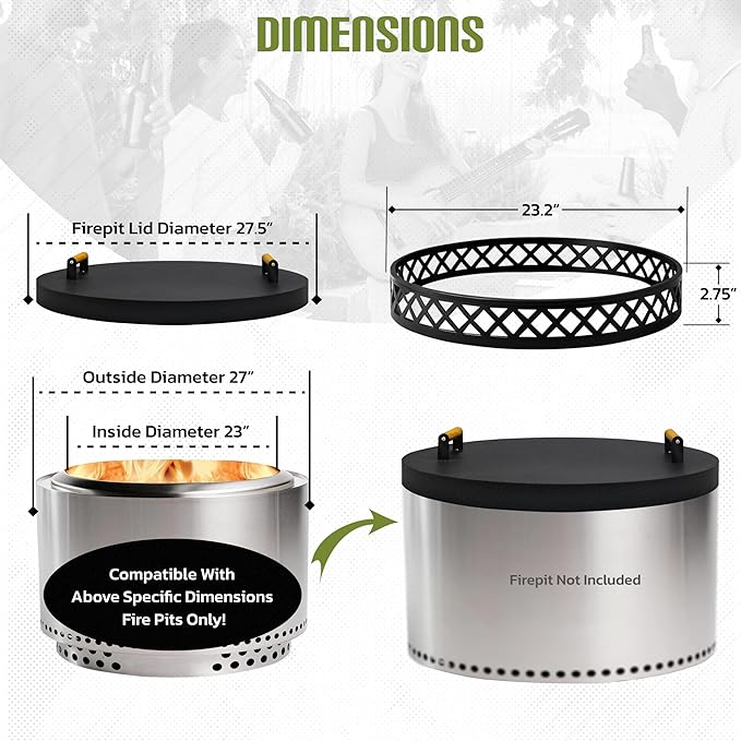 FEBTECH - Smokeless Fire Pit Accessories Combo – 23" Carbon Steel Base, 27.5" Lid with 2 Wooden Handles – Durable Smokeless Firepit Accessories for Camping, Patio, Backyard