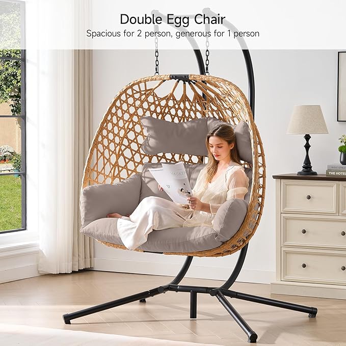 ONBRILL Double Hanging Egg Chair with Stand, Bohemian Knot Style Hammock Swing Chair, Foldable Basket & Denser Weaves, 650 Lbs Capacity Loveseat with UV Resistant Cushion for Patio, Backyard (Khaki)