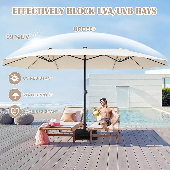 Sundale Outdoor Solar 144 LED 15 ft Patio Umbrella with Sandbag Base Included and Cover, Outdoor Double-Sided Umbrella