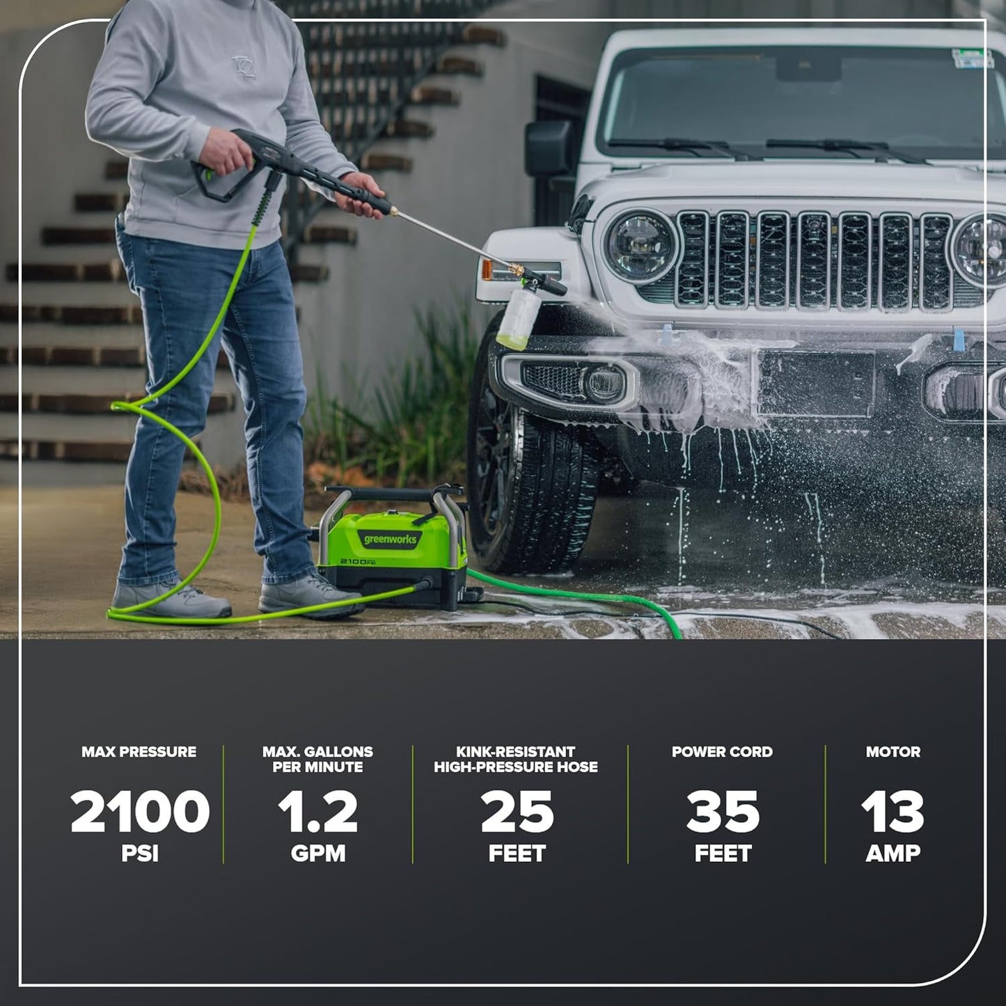 Greenworks 2100 PSI (SGS Certified) 1.2 GPM 13Amp Compact Electric Pressure Washer Telescoping Handle Power Washer for Cars, Driveways, Patios, Patio Furniture & Around Pools
