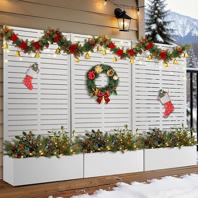 FENCY Metal Raised Garden Bed with Trellis, Metal Planter Box with Trellis, Garden Box for Climbing Plants Vegetable, 35" Lx16 Wx71 H Garden Bed with Drainage Holes(White-Louvered)
