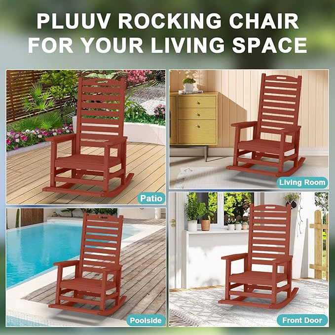 Outdoor Rocking Chair with Removable Footboard for Adults, HDPE High Back Patio Rocking Chairs, 330lbs All Weather Porch Rocking Chairs for Outdoor & Indoor -Reddish Brown