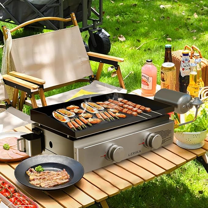 LERIKA 23"Tabletop Propane Grilddle for Outdoor Kitchen Barbecue Grill, Non Stick Enamel/Durable Stainless Steel/2 Burner Portable Flat Top Grill