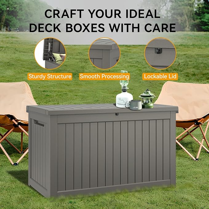 230 Gallon Large Resin deck box Waterproof,Outdoor Storage Bench,Patio Storage Box,Garden Tool Storage,UV-Resistant & All-Weather,Wood-like Striped Gray