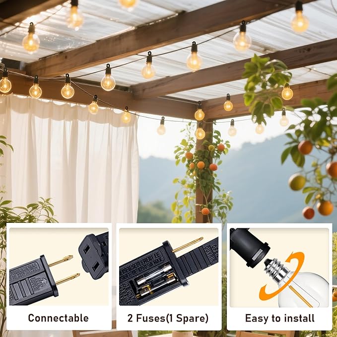 25Ft Christmas LED G40 Globe Outdoor String Lights Waterproof Patio Lights with 13 Warm White Bulbs, Hanging Light for Backyard Balcony Wedding Christmas Party Decorations Xmas Tree Black Wire