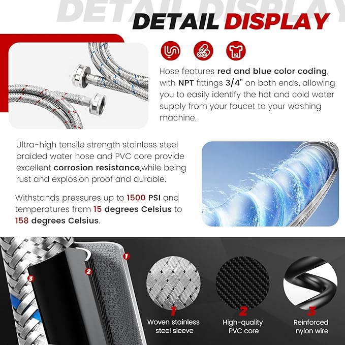 6Ft Stainless Steel Washing Machine Hose by Puxyblue for All Washers - 2 Pack Burst Proof Red and Blue Braided Hoses for Hot and Cold Water Supply - 10 Years Warranty
