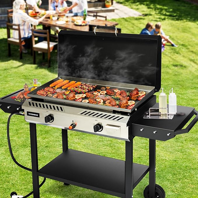 VIVOHOME 2-Burner Outdoor Griddle Station with Detachable Griddle Plate, Portable Propane Gas Stove with 2 Wheels, Multifunctional BBQ Grill for Backyard, Camping, and Tailgating