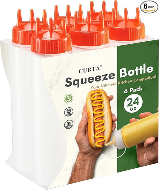 CURTA 6-Pack 24 oz Clear Squeeze Bottle with 3 Open Tips, BPA-Free Easy-to-Squeeze Plastic Condiment Dispenser with oz & ml Markings for Sauce, Oil, Dressing, Dishwasher Safe, Red