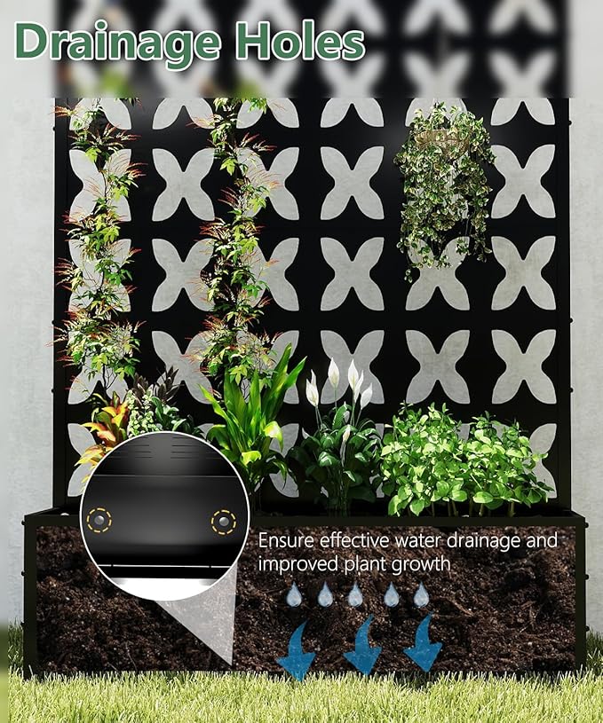 Metal Planter Box with Trellis,70.9"x47.2"x15.7" Raised Garden Bed with Drainage Holes, Privacy Planters for Outdoor Garden Bed for Climbing Plants,Vegetables,and Vines, Black-X