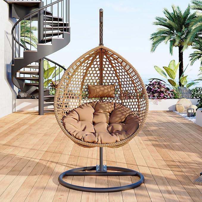Egg Swing Chair Outdoor with Stand, Hanging Egg Rattan Basket Chair with Cushion and Pillow, Lounge Chairs, Foldable Basket and Metal Stand for Porch, Patio, Bedroom, Balcony,Yard (Khaki)