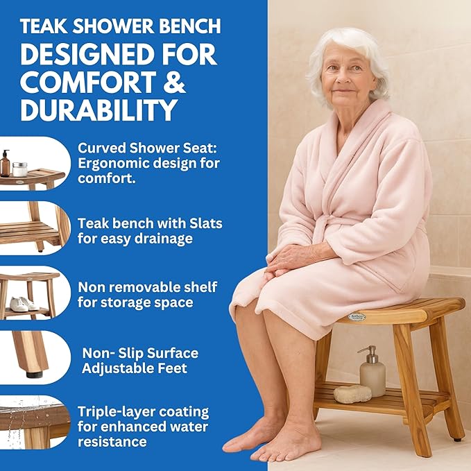 EcoDecors 24 Inch Harmony Natural Color Waterproof Teak Wood Shower Bench Stool Seat Chair For Inside Shower Storage Shelf Provides Safety, Storage, and Organization For Bathroom Accessories