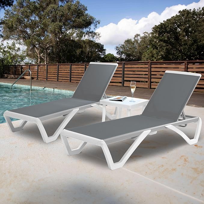 Kozyard Patio Chaise Lounge Chair - Full Flat Alumium & Resin Legs, Outdoor Reclining Adjustable Chair for Sunbathing, Beach, Patio, Lounge Set or Patio Table (2 Gray Textilence W/Table)