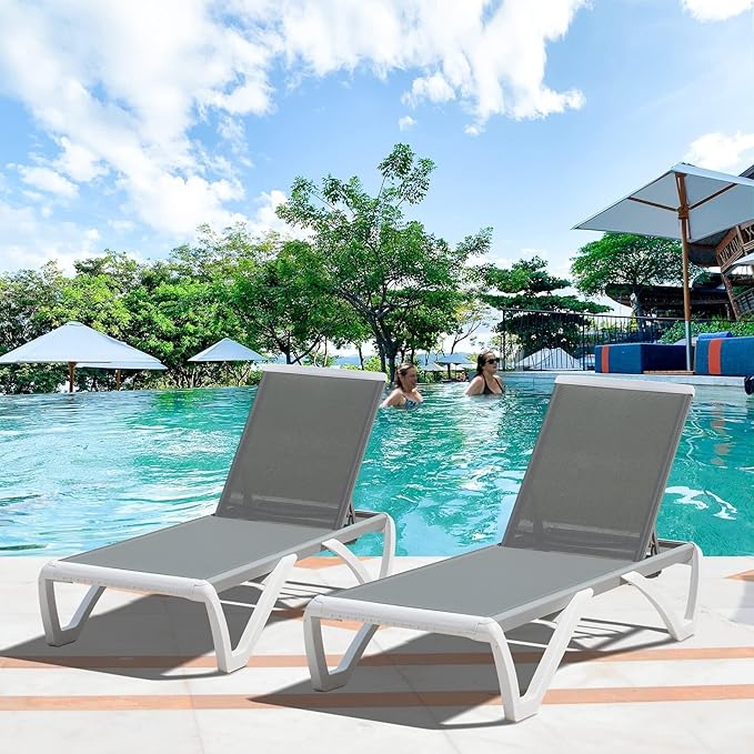 Domi Set of 4 Pool Lounge Chairs Aluminum Adjustable Outdoor Chaise Lounge,All Weather Plastic Poolside Lounge Chairs for Deck Lawn Backyard, Gray Textilene